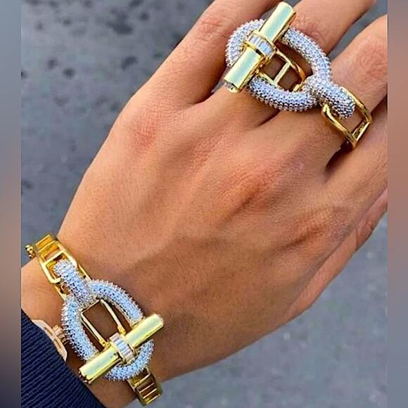 Gold Zircon Bangle Bracelet Two Finger Ring Set Luxury 18K Gold Plated - Picture 1 of 15